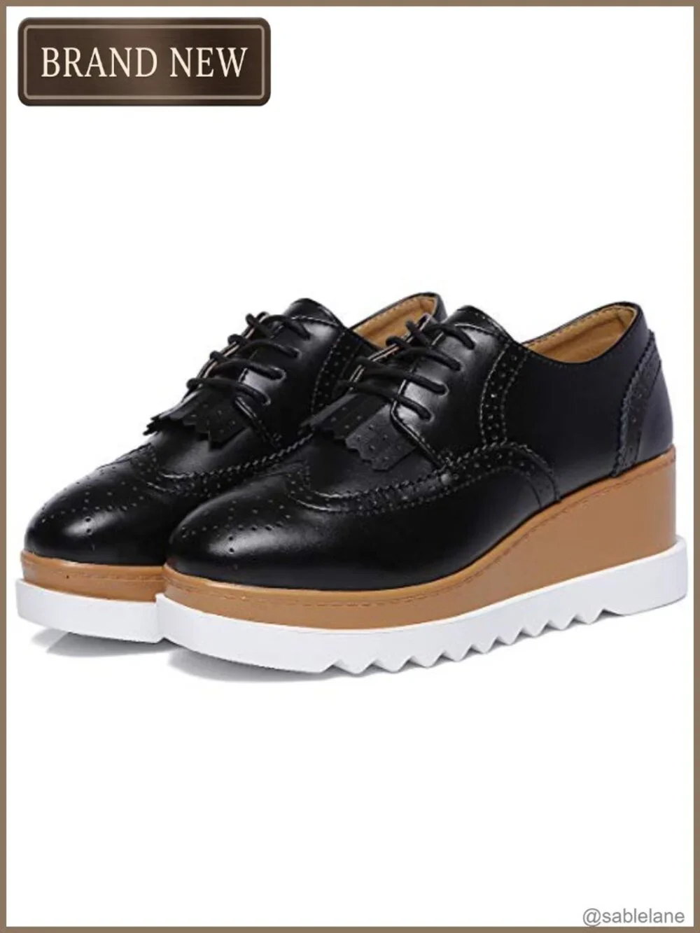 Women's Fashion Oxford Shoes Lace-up Platform Wedge Tassel Square-Toe